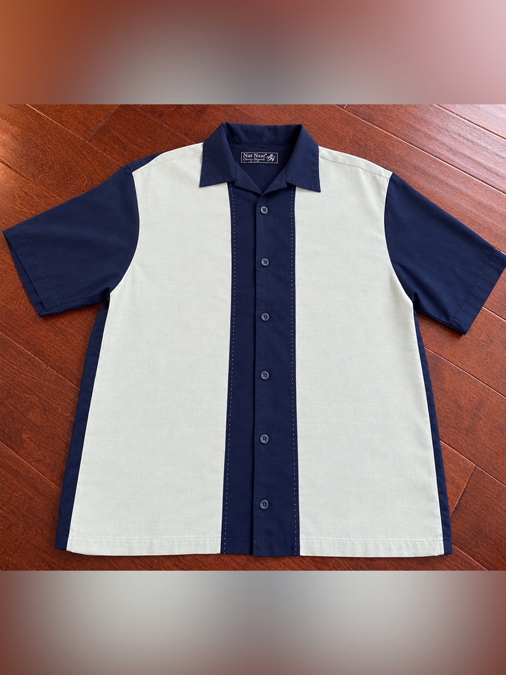 Nat Nast Men's Large GS02A Colorblock Silk Camp Shirt Navy Blue Saltwater Gray